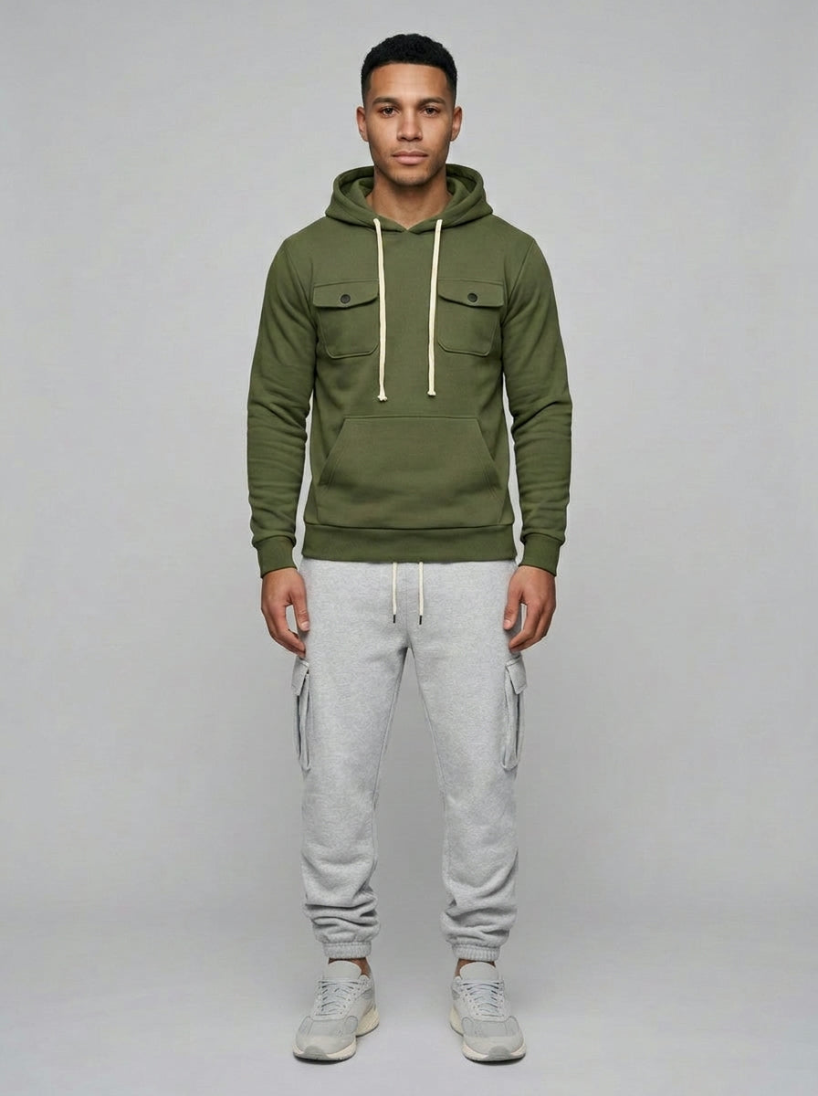 Nuoro Men's Flap-Pocket Hoodie and Cargo Sweatpant Set — armygreen — fullfront