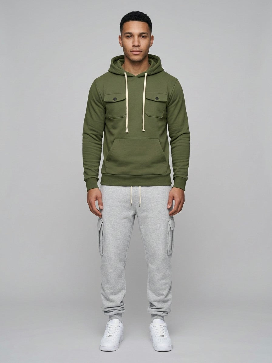 Nuoro Men's Flap-Pocket Hoodie and Cargo Sweatpant Set — armygreen — fullfront