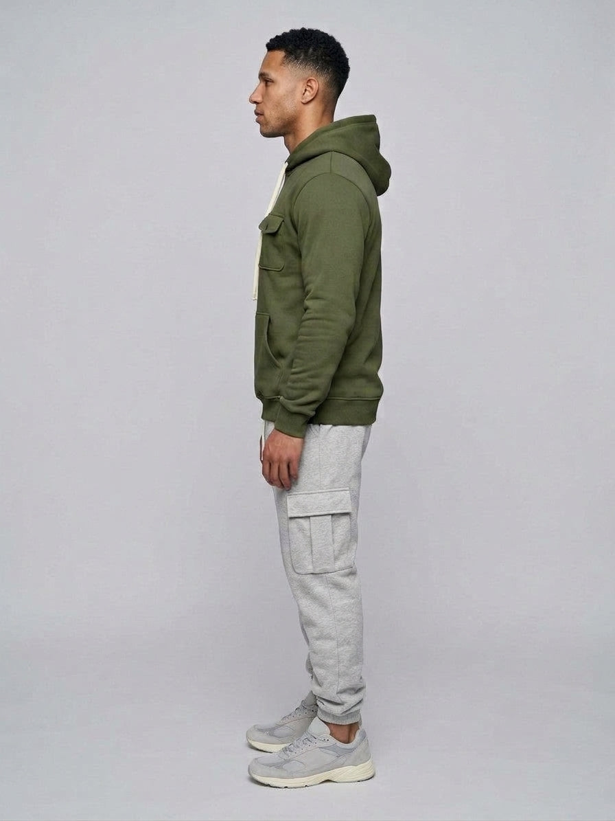 Nuoro Men's Flap-Pocket Hoodie and Cargo Sweatpant Set — armygreen — fullside