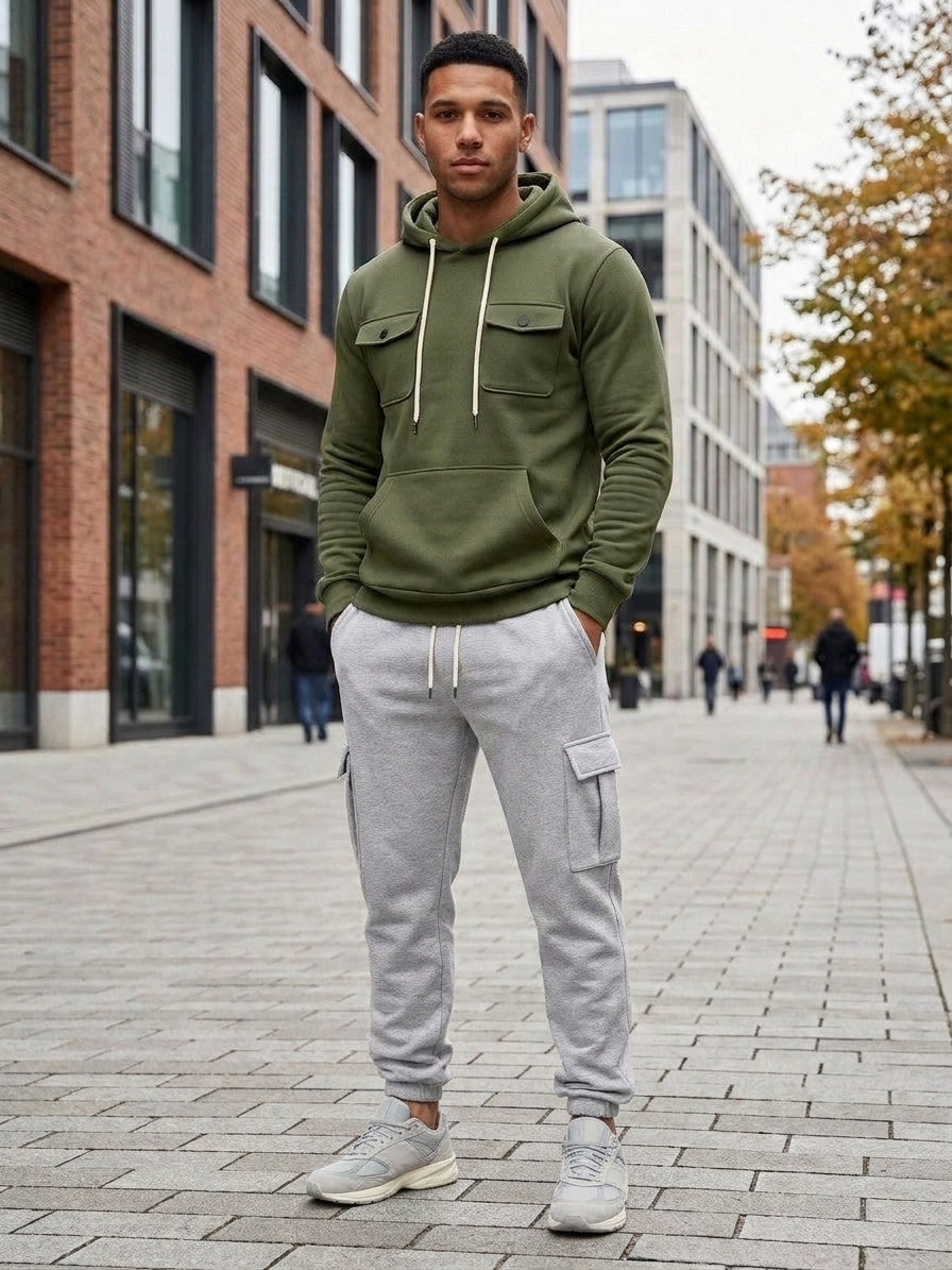 Nuoro Men's Flap-Pocket Hoodie and Cargo Sweatpant Set — armygreen — lifestyle