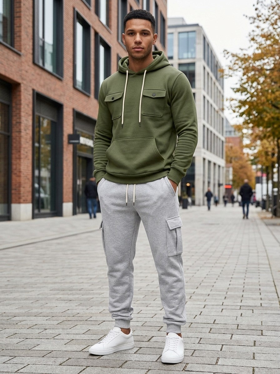 Nuoro Men's Flap-Pocket Hoodie and Cargo Sweatpant Set — armygreen — lifestyle
