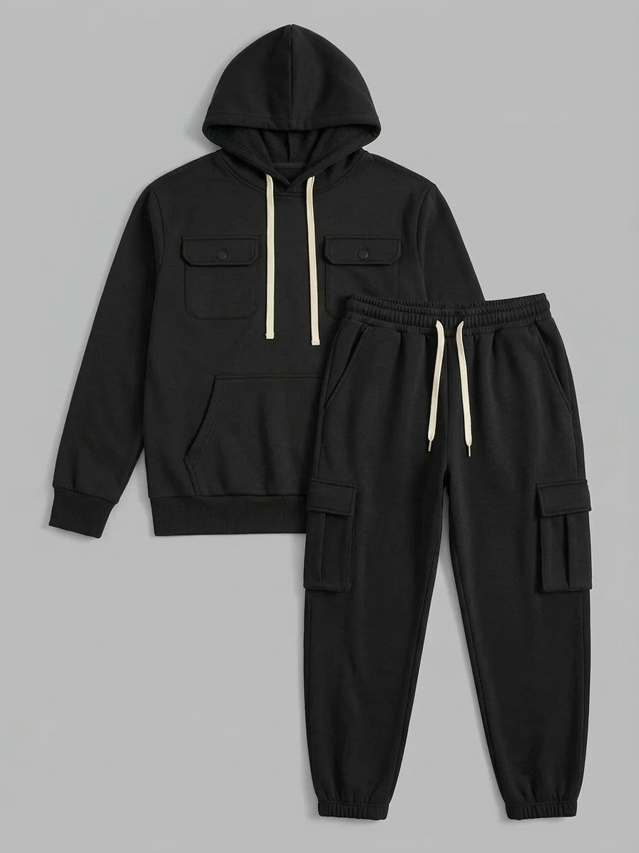 Nuoro Men's Flap-Pocket Hoodie and Cargo Sweatpant Set — black — packshot
