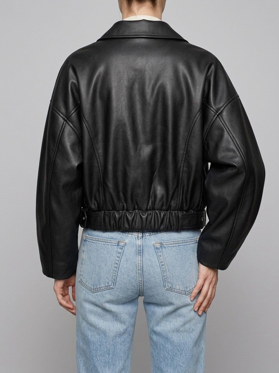 Olbia Women's Oversized Belted Bomber Jacket — black — back