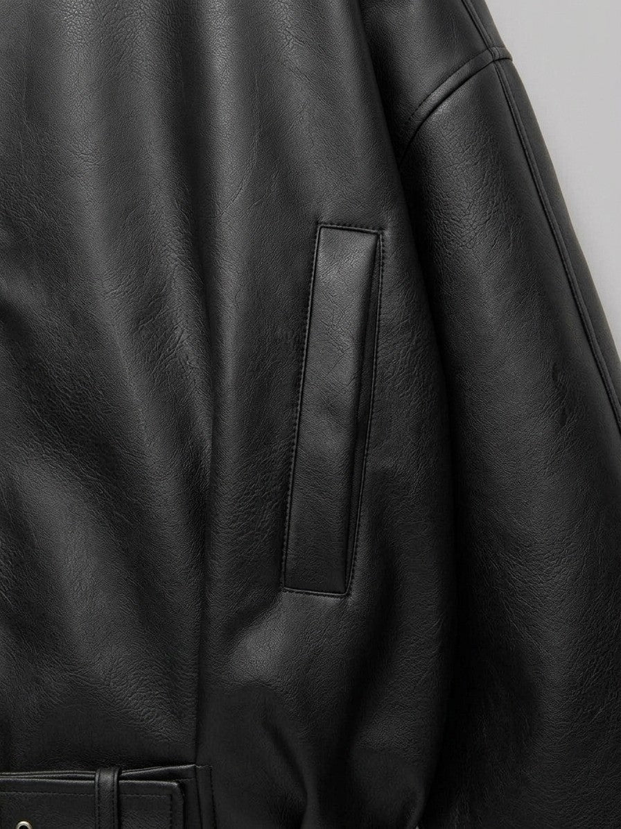 Olbia Women's Oversized Belted Bomber Jacket — black — detail-collar