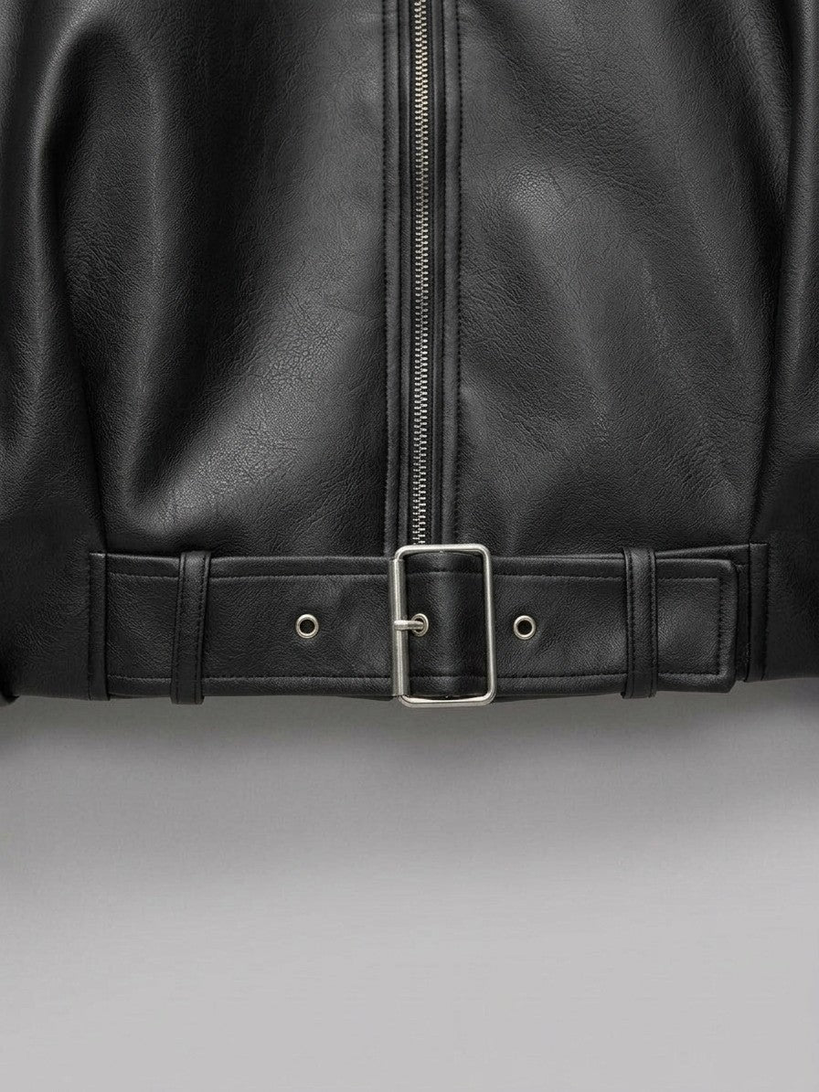 Olbia Women's Oversized Belted Bomber Jacket — black — detail