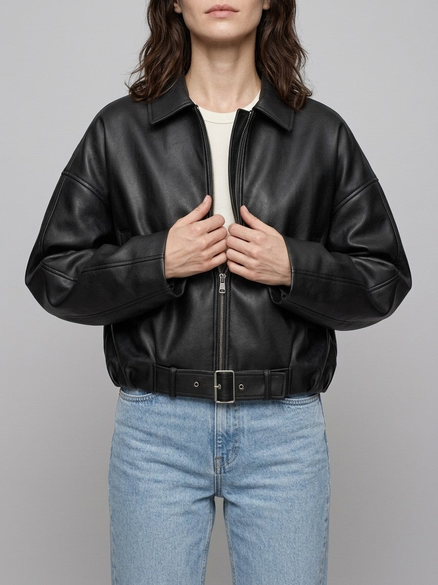 Olbia Women's Oversized Belted Bomber Jacket — black — front