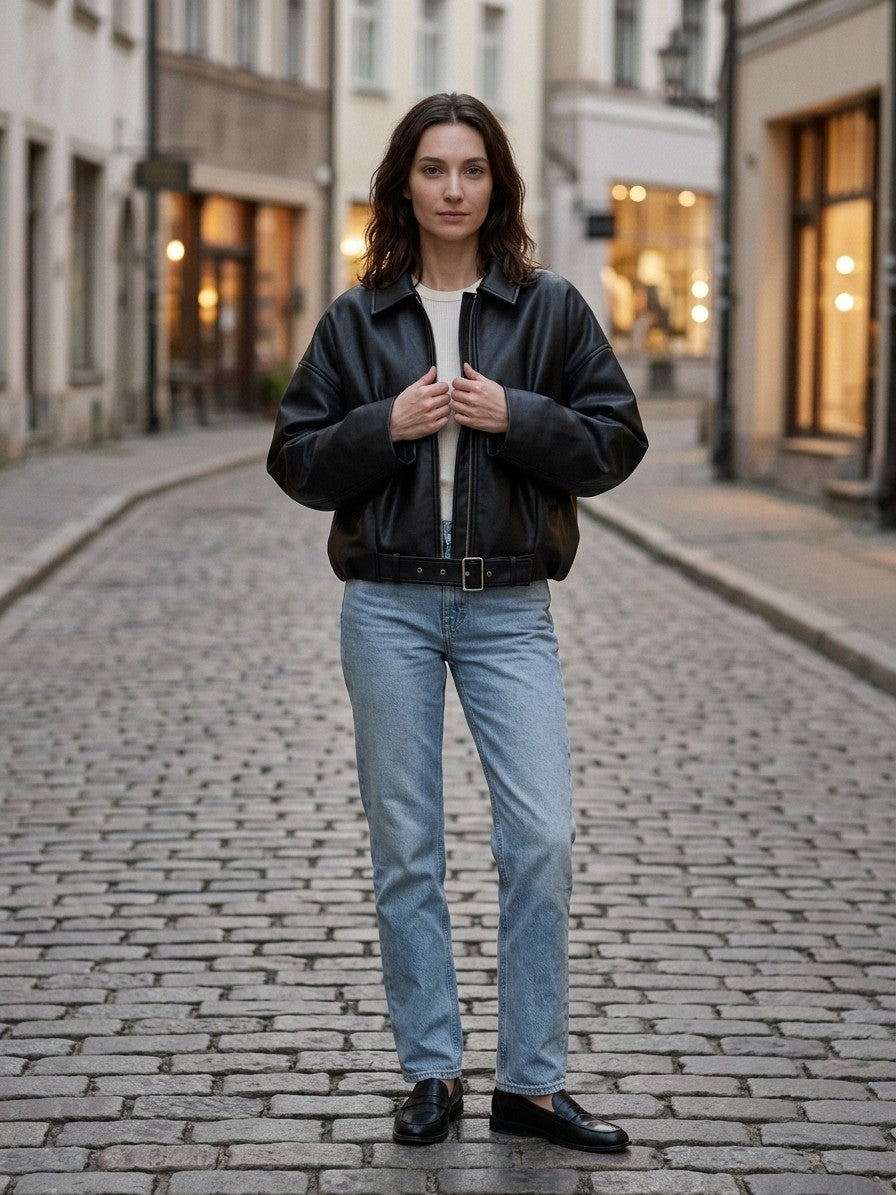 Olbia Women's Oversized Belted Bomber Jacket — black — lifestyle