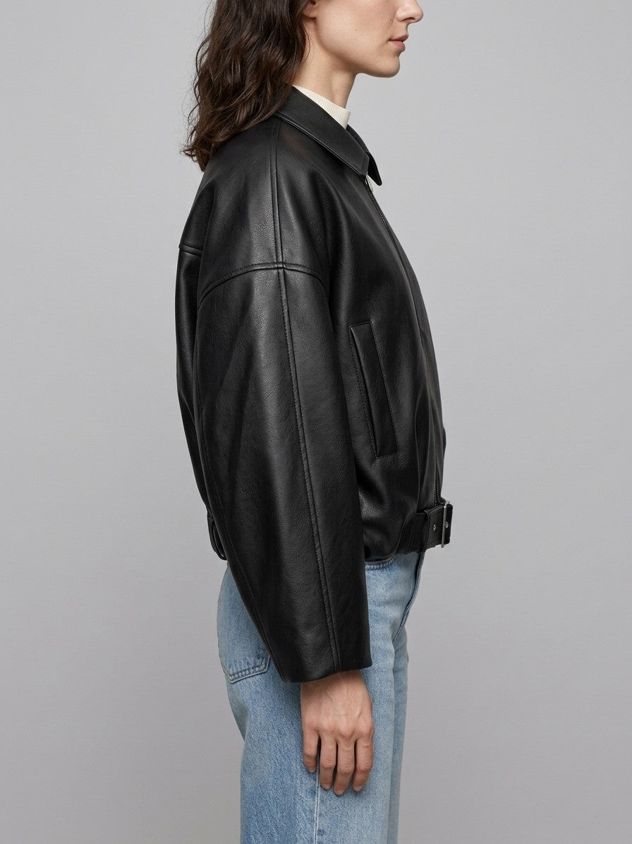 Olbia Women's Oversized Belted Bomber Jacket — black — side