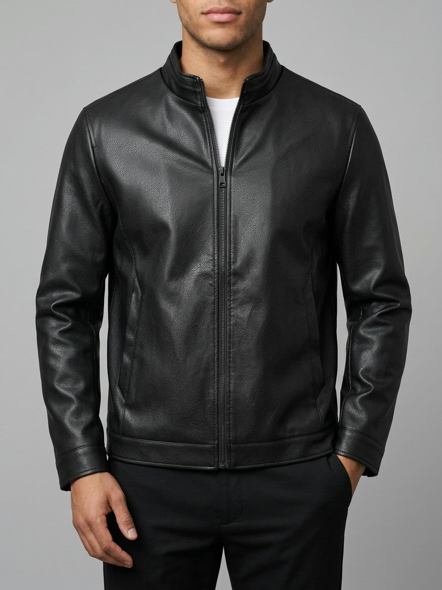Oleggio Men's Pebbled Faux Leather Racer Jacket — black — front