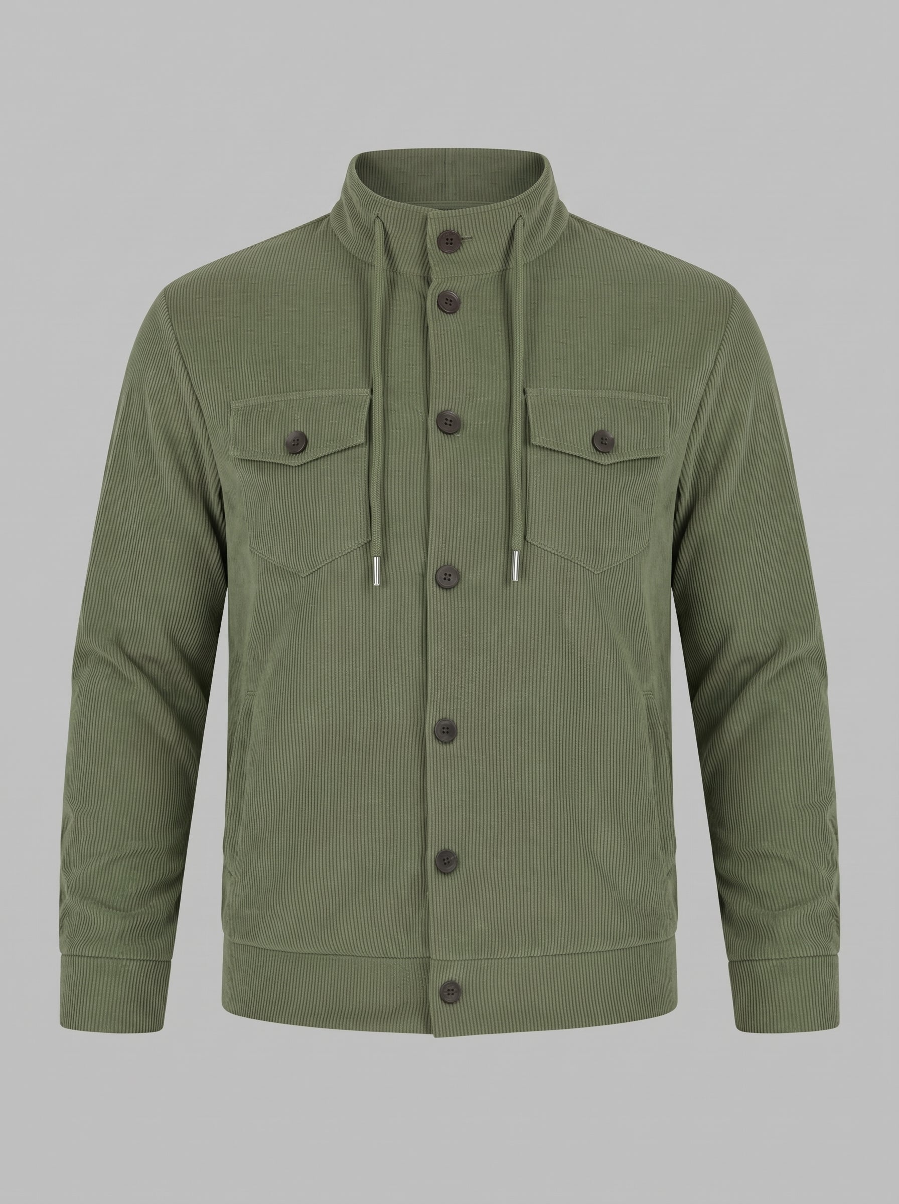 An olive green corduroy jacket with a stand-up collar, front button closure, and two buttoned chest pockets, shown on a neutral gray background.
