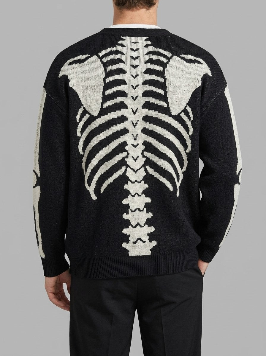 Omegna Men's Skeleton Jacquard Knit Cardigan — black — back