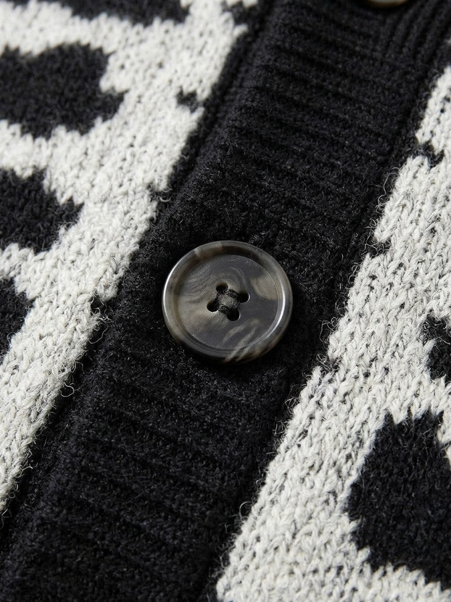 Omegna Men's Skeleton Jacquard Knit Cardigan — black — detail-2