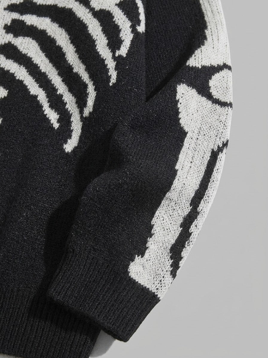 Omegna Men's Skeleton Jacquard Knit Cardigan — black — detail-collar