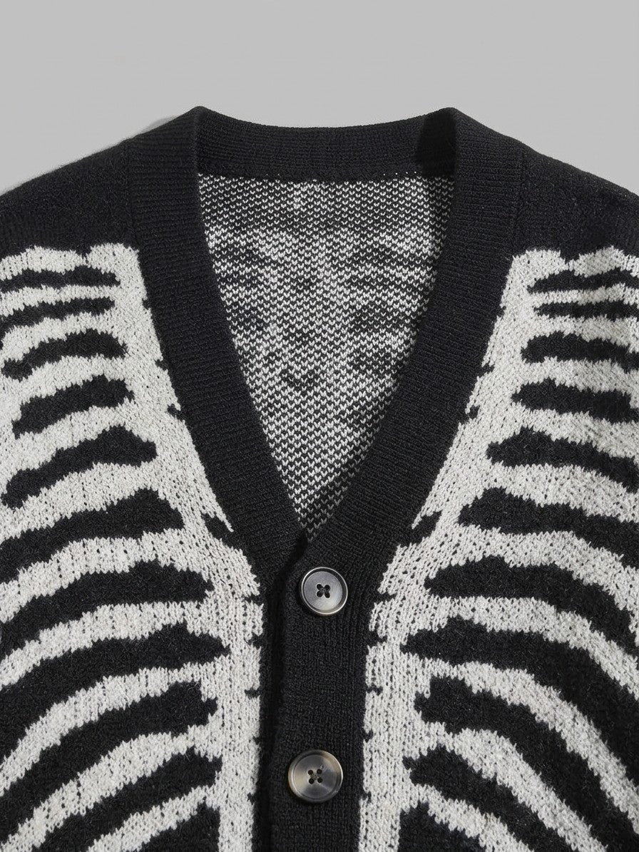 Omegna Men's Skeleton Jacquard Knit Cardigan — black — detail