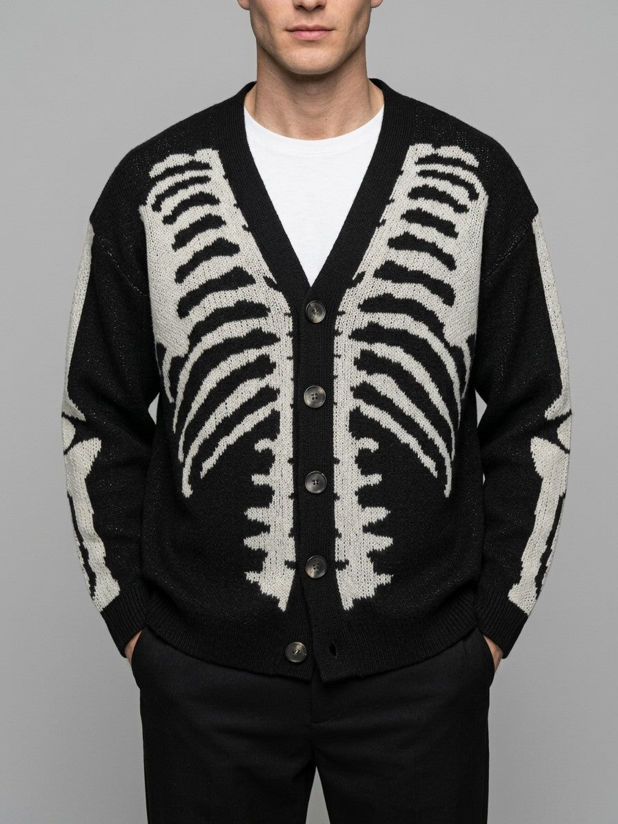 Omegna Men's Skeleton Jacquard Knit Cardigan — black — front