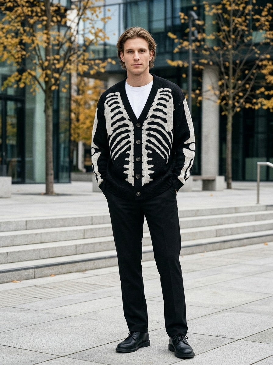 Omegna Men's Skeleton Jacquard Knit Cardigan — black — lifestyle