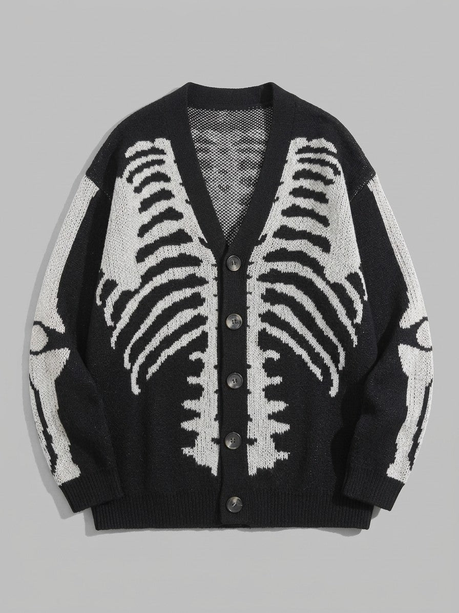 Omegna Men's Skeleton Jacquard Knit Cardigan — black — packshot