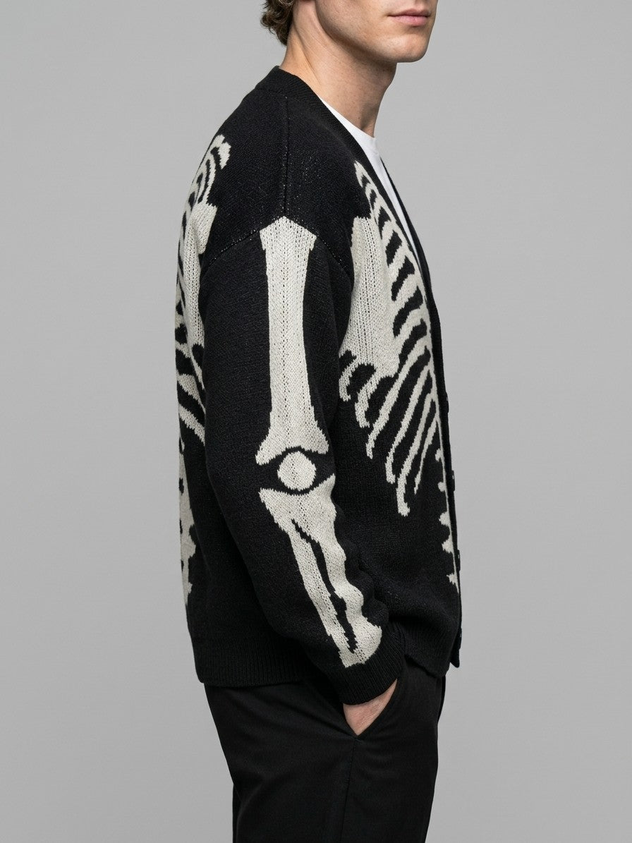Omegna Men's Skeleton Jacquard Knit Cardigan — black — side