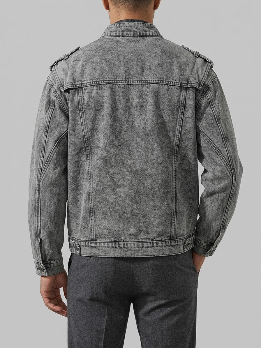 Orbetello Men's Acid-Wash Epaulette Denim Jacket — gray — back