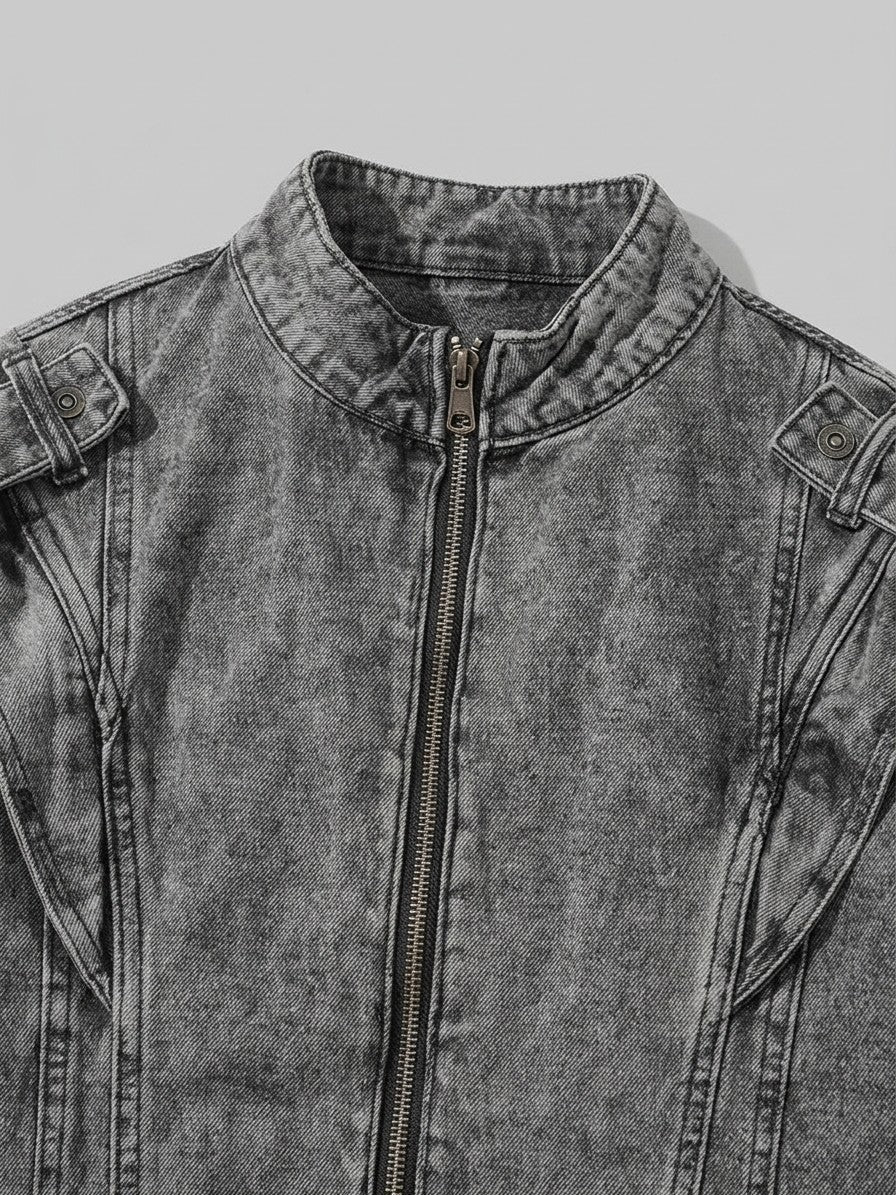 Orbetello Men's Acid-Wash Epaulette Denim Jacket — gray — detail-2