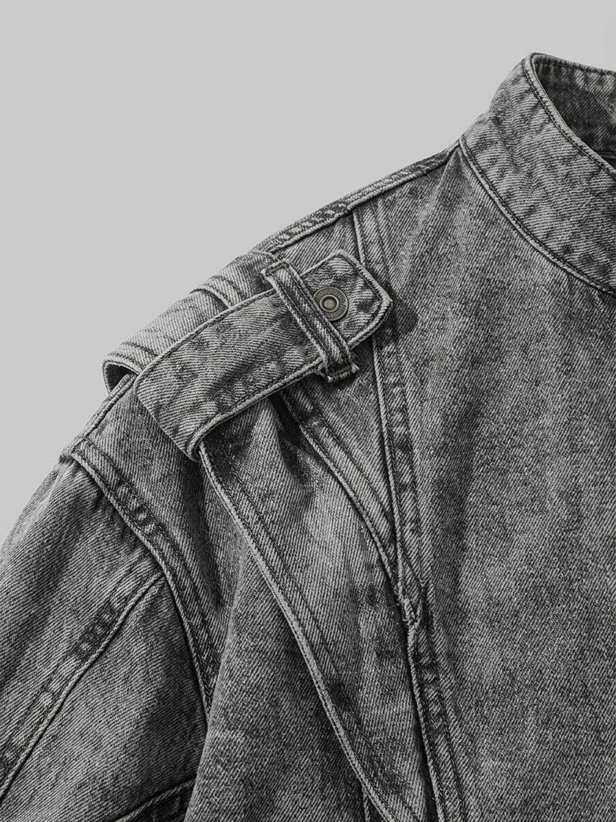 Orbetello Men's Acid-Wash Epaulette Denim Jacket — gray — detail-collar