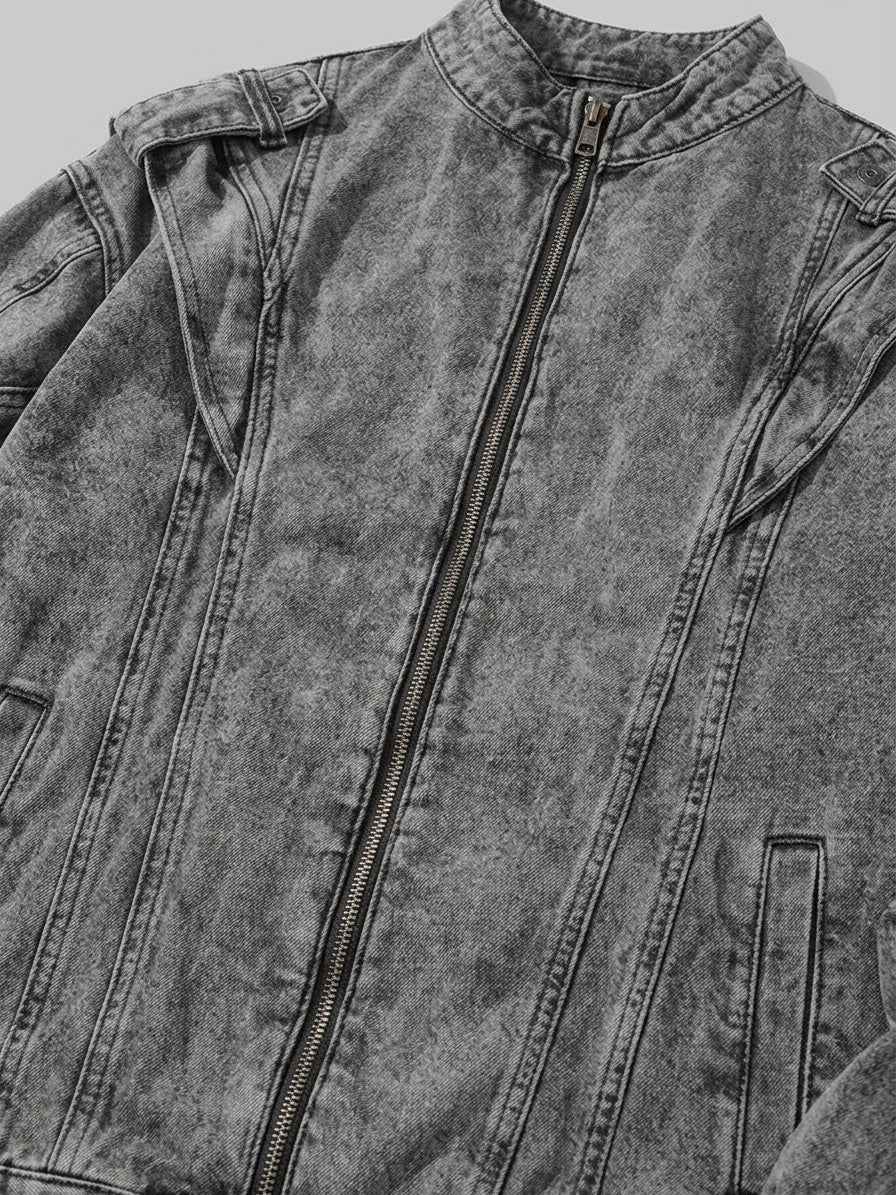 Orbetello Men's Acid-Wash Epaulette Denim Jacket — gray — detail