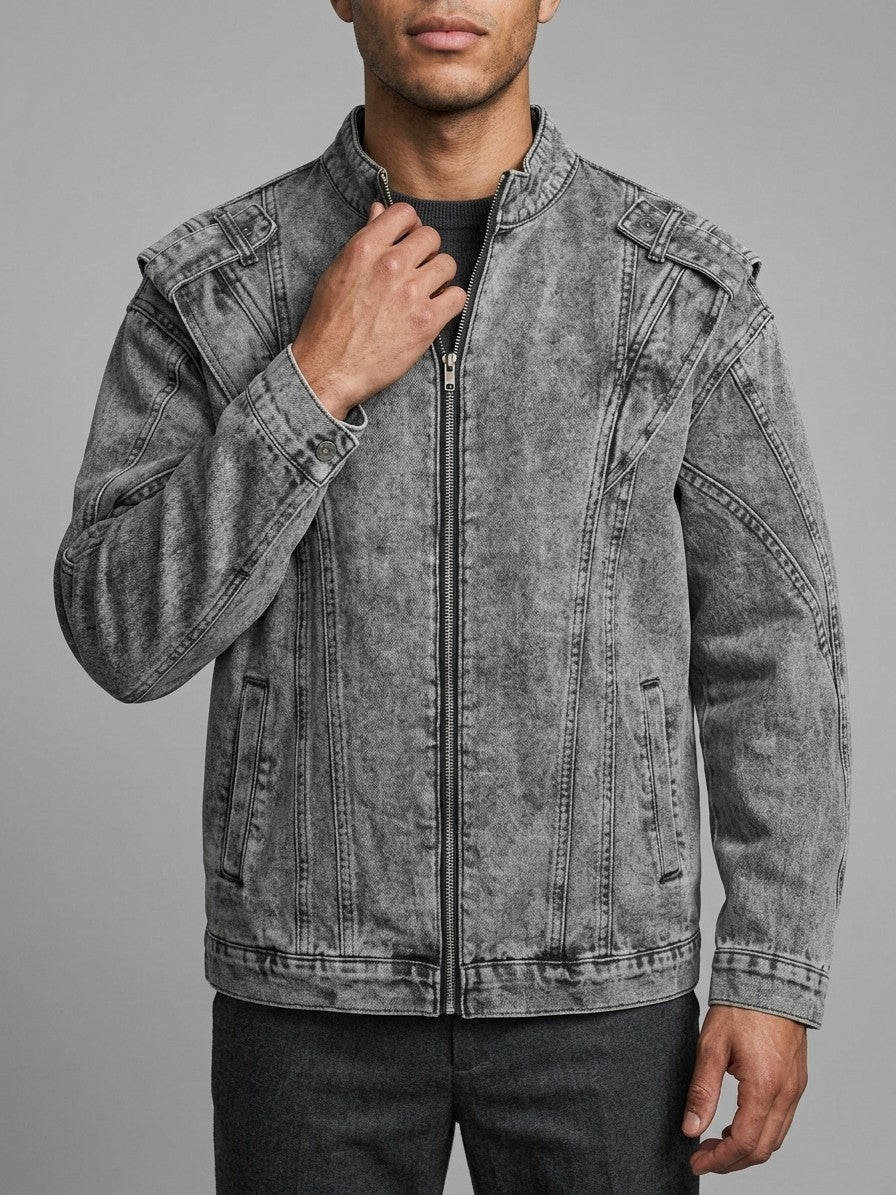 Orbetello Men's Acid-Wash Epaulette Denim Jacket — gray — front