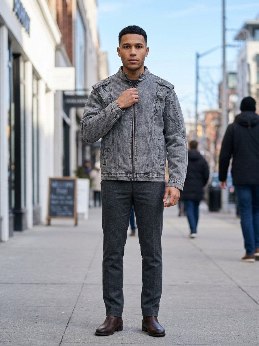 Orbetello Men's Acid-Wash Epaulette Denim Jacket — gray — lifestyle