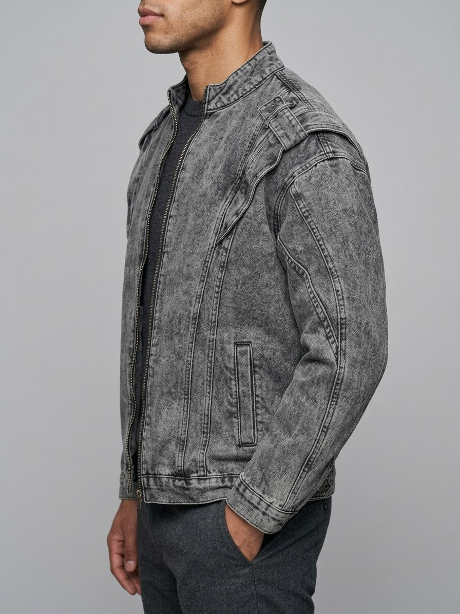 Orbetello Men's Acid-Wash Epaulette Denim Jacket — gray — side