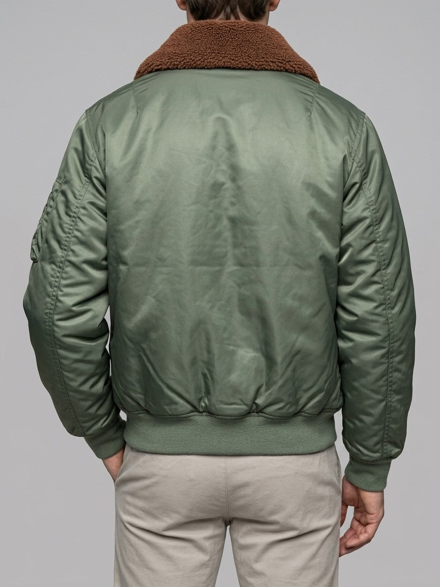 Oristano Men's Sherpa Collar Nylon Bomber Jacket — sagegreen — back