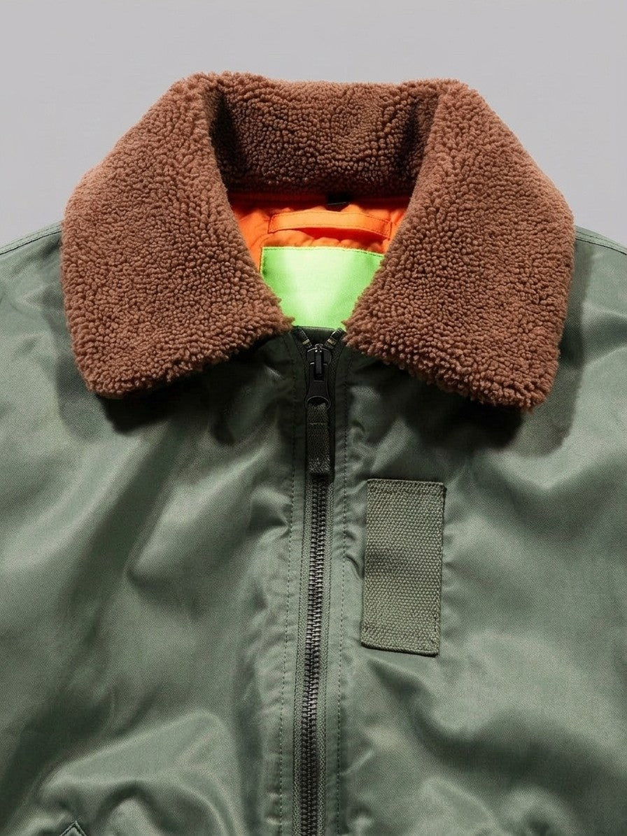 Oristano Men's Sherpa Collar Nylon Bomber Jacket — sagegreen — detail