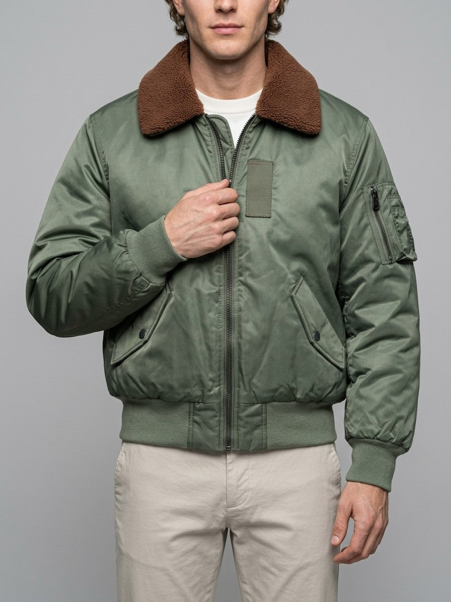 Oristano Men's Sherpa Collar Nylon Bomber Jacket — sagegreen — front