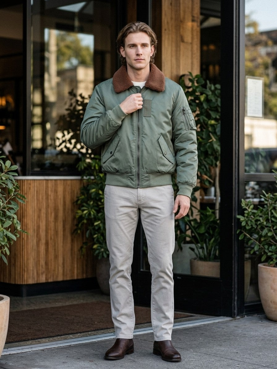 Oristano Men's Sherpa Collar Nylon Bomber Jacket — sagegreen — lifestyle