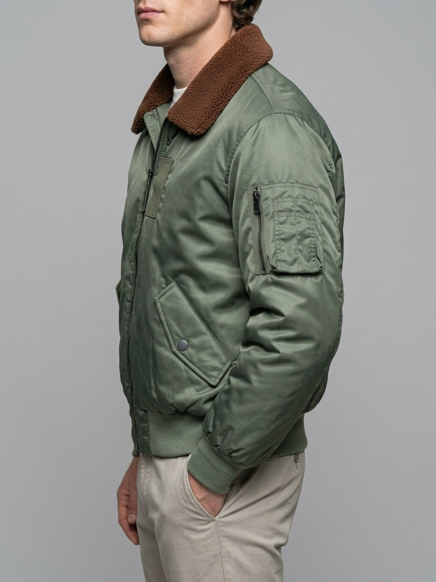 Oristano Men's Sherpa Collar Nylon Bomber Jacket — sagegreen — side