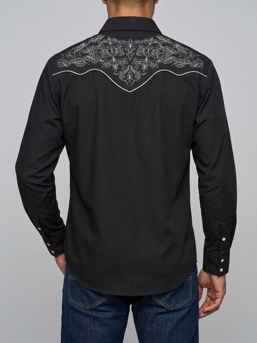 Orosei Men's Scroll Embroidered Western Shirt — black — back
