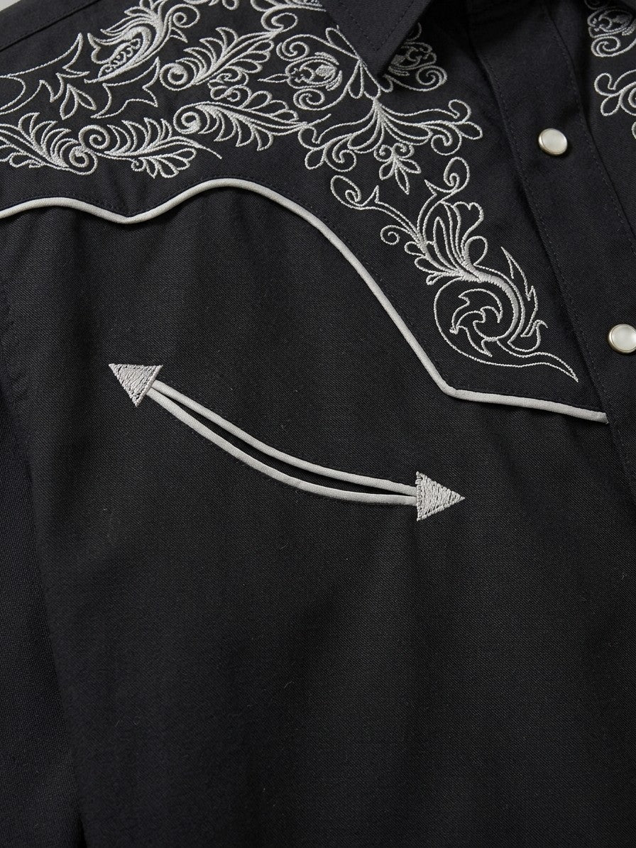 Orosei Men's Scroll Embroidered Western Shirt — black — detail-2