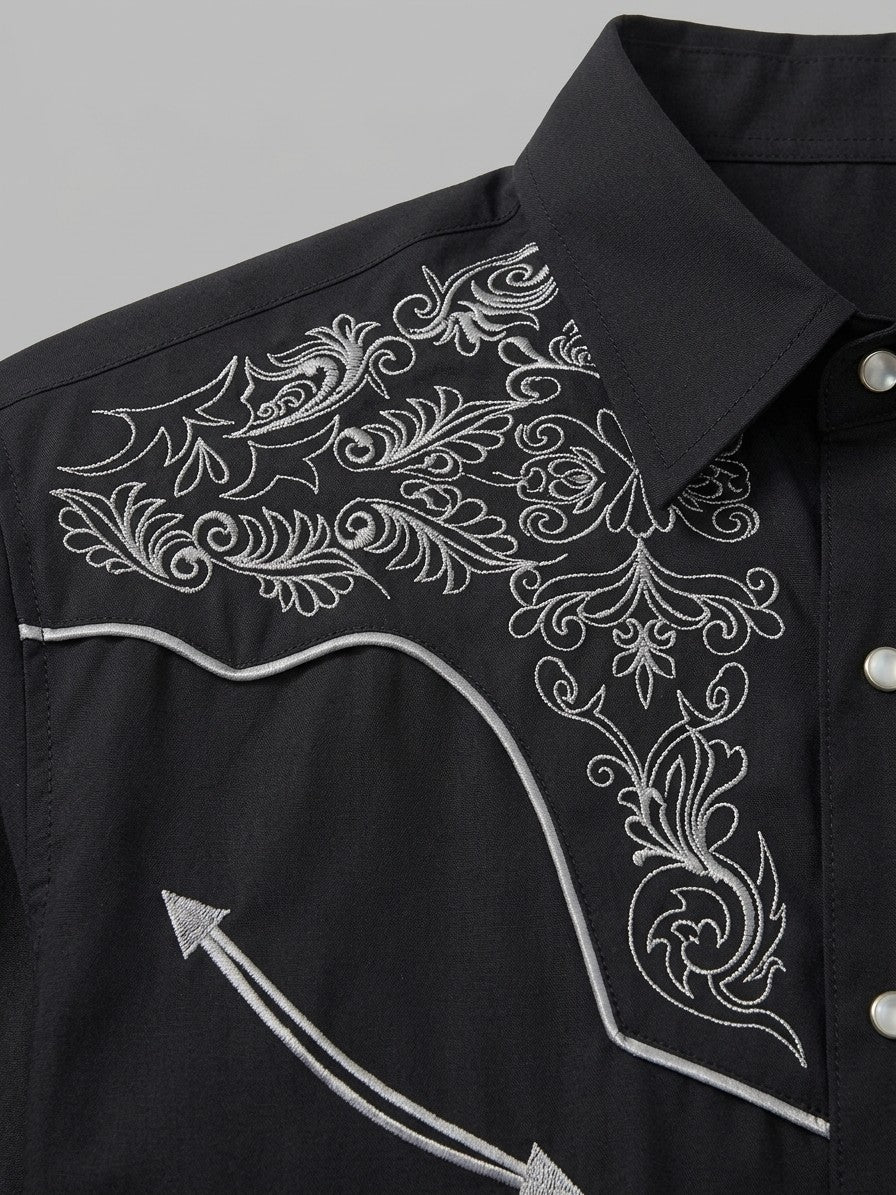 Orosei Men's Scroll Embroidered Western Shirt — black — detail