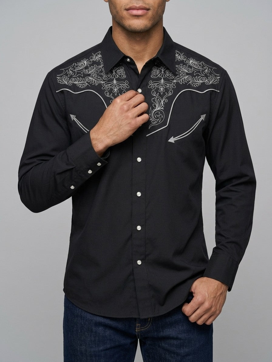 Orosei Men's Scroll Embroidered Western Shirt — black — front