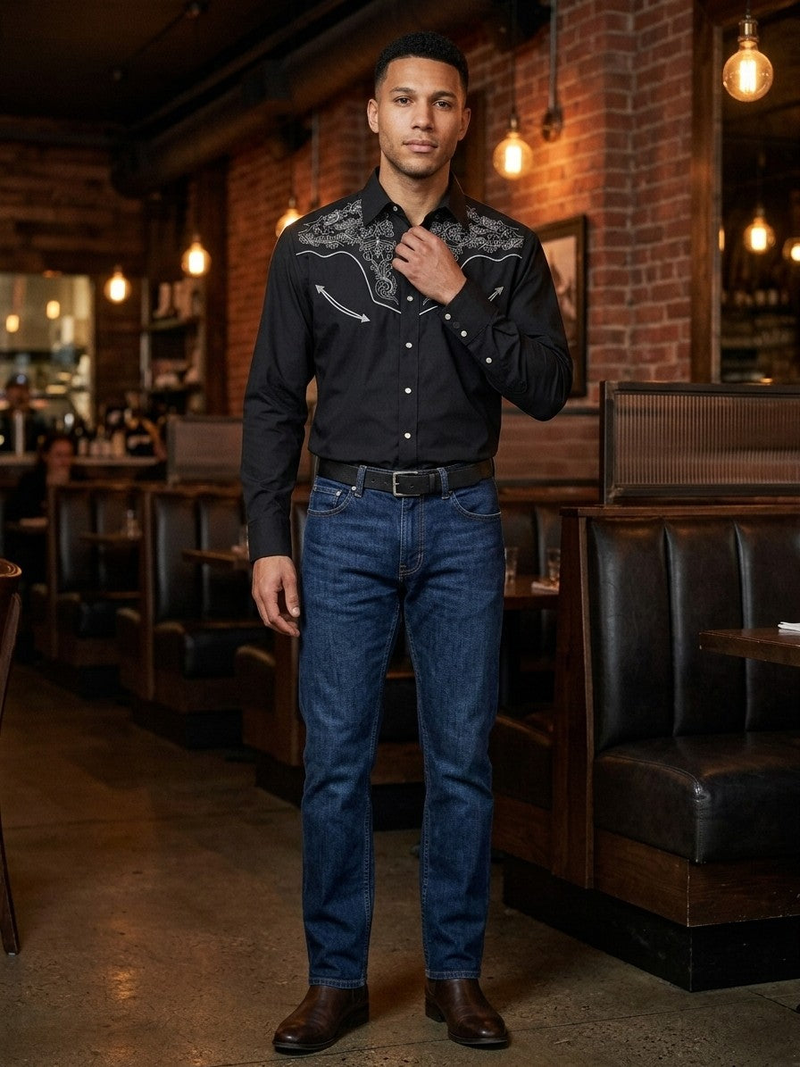 Orosei Men's Scroll Embroidered Western Shirt — black — lifestyle