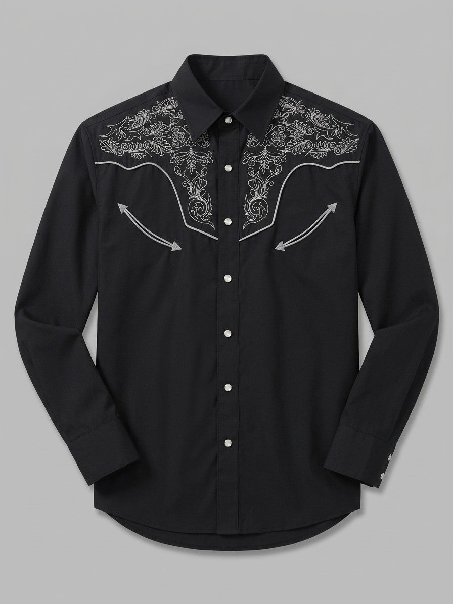 Orosei Men's Scroll Embroidered Western Shirt — black — packshot