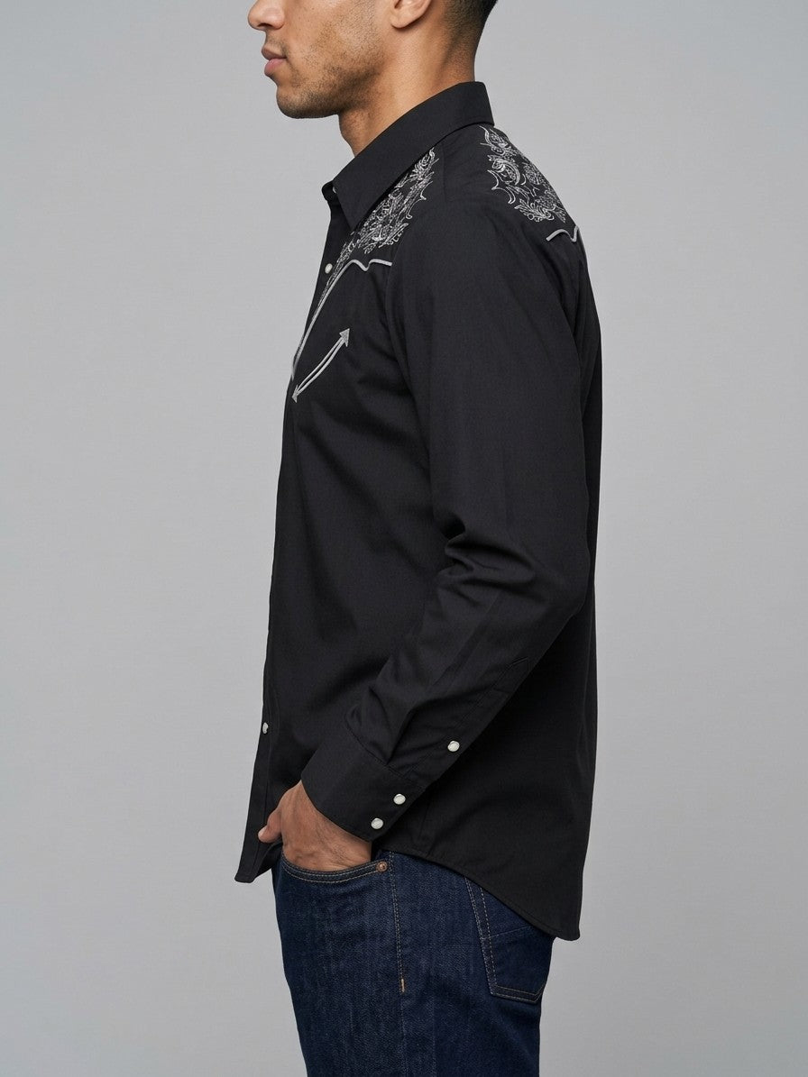 Orosei Men's Scroll Embroidered Western Shirt — black — side