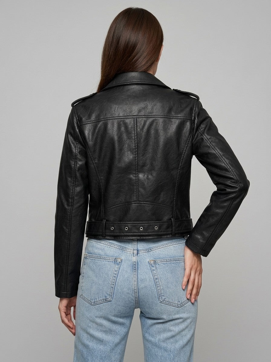 Ortisei Women's Belted Biker Jacket — black — back