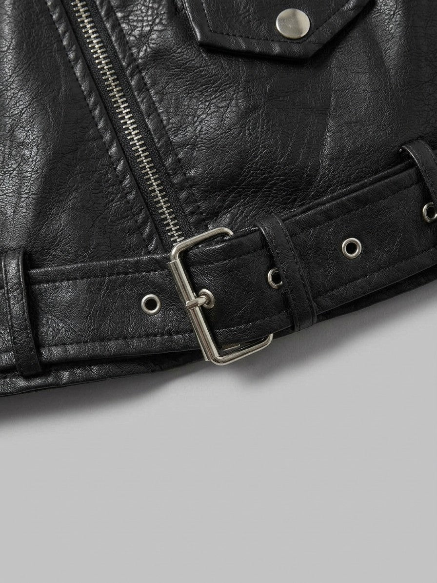 Ortisei Women's Belted Biker Jacket — black — detail-collar