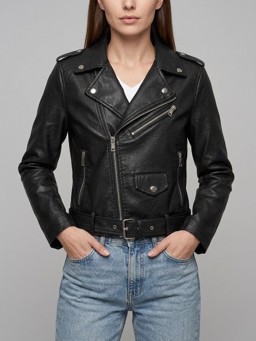 Ortisei Women's Belted Biker Jacket — black — front