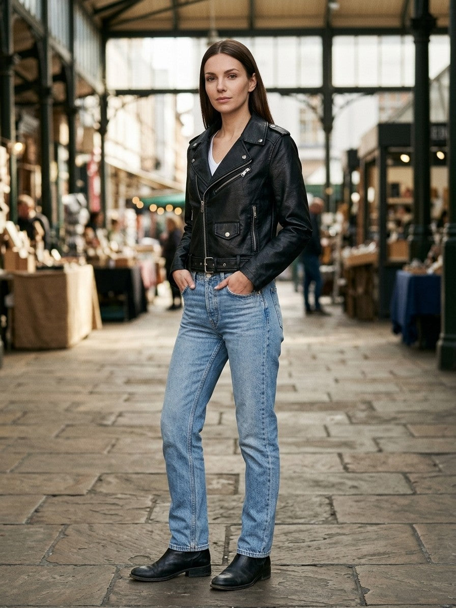 Ortisei Women's Belted Biker Jacket — black — lifestyle