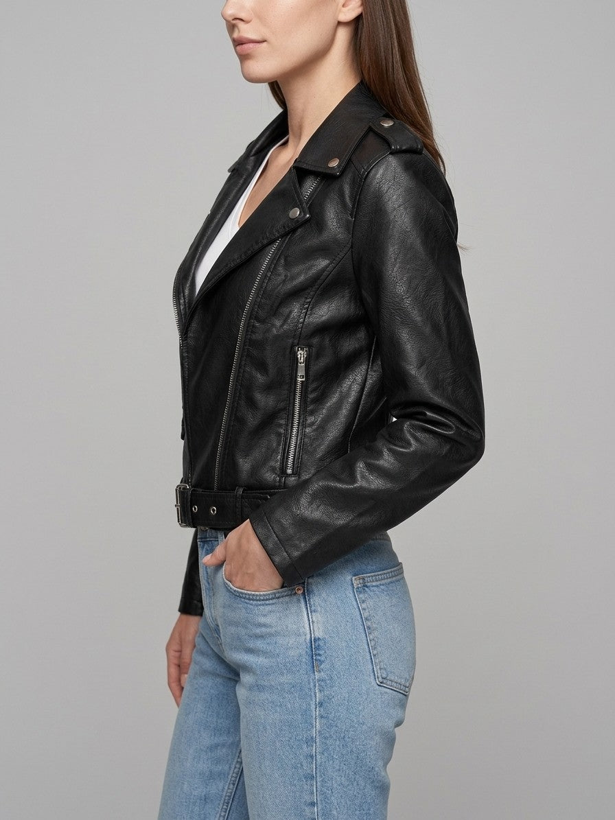Ortisei Women's Belted Biker Jacket — black — side