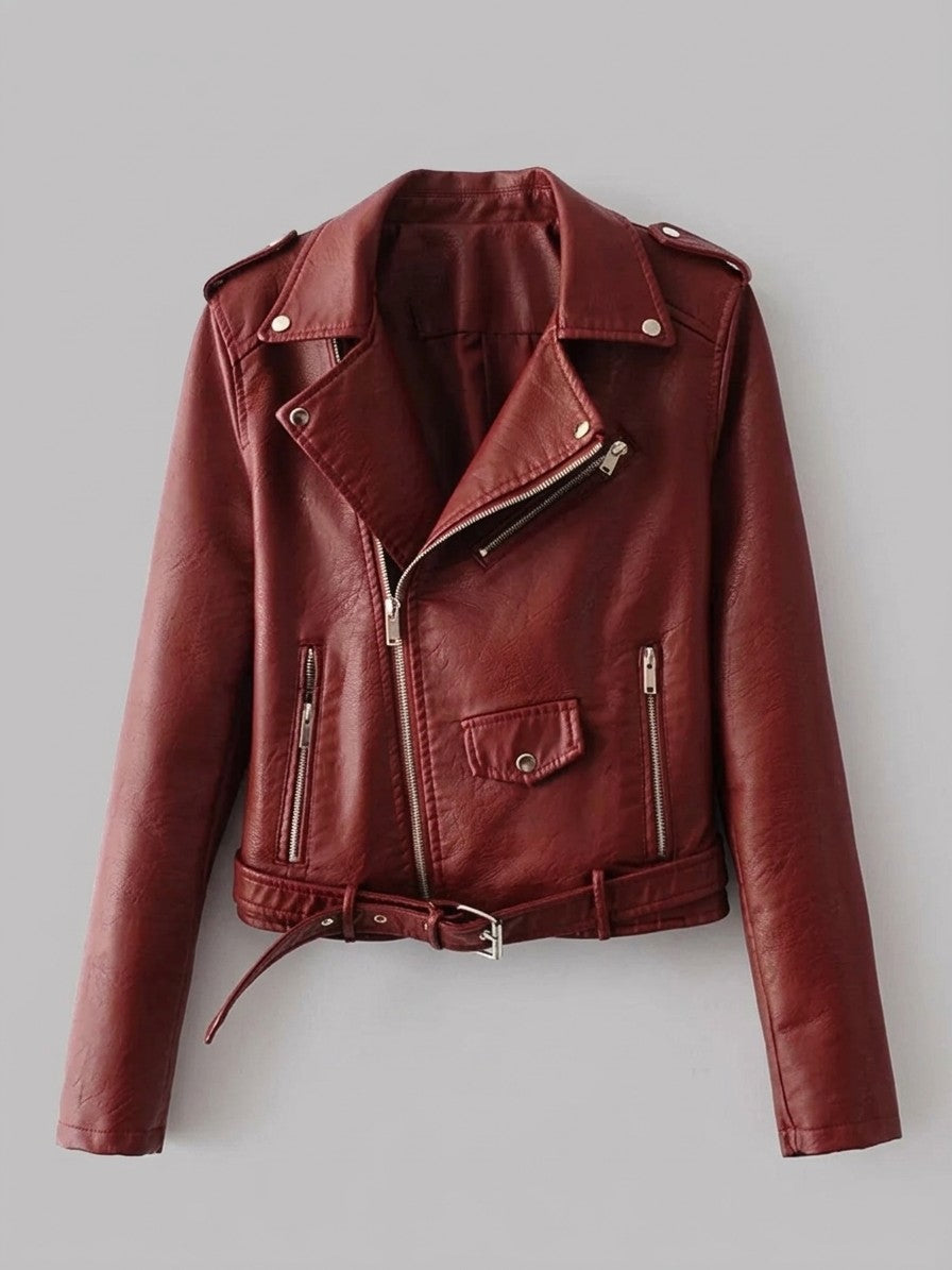 Ortisei Women's Belted Biker Jacket — burgundy — packshot