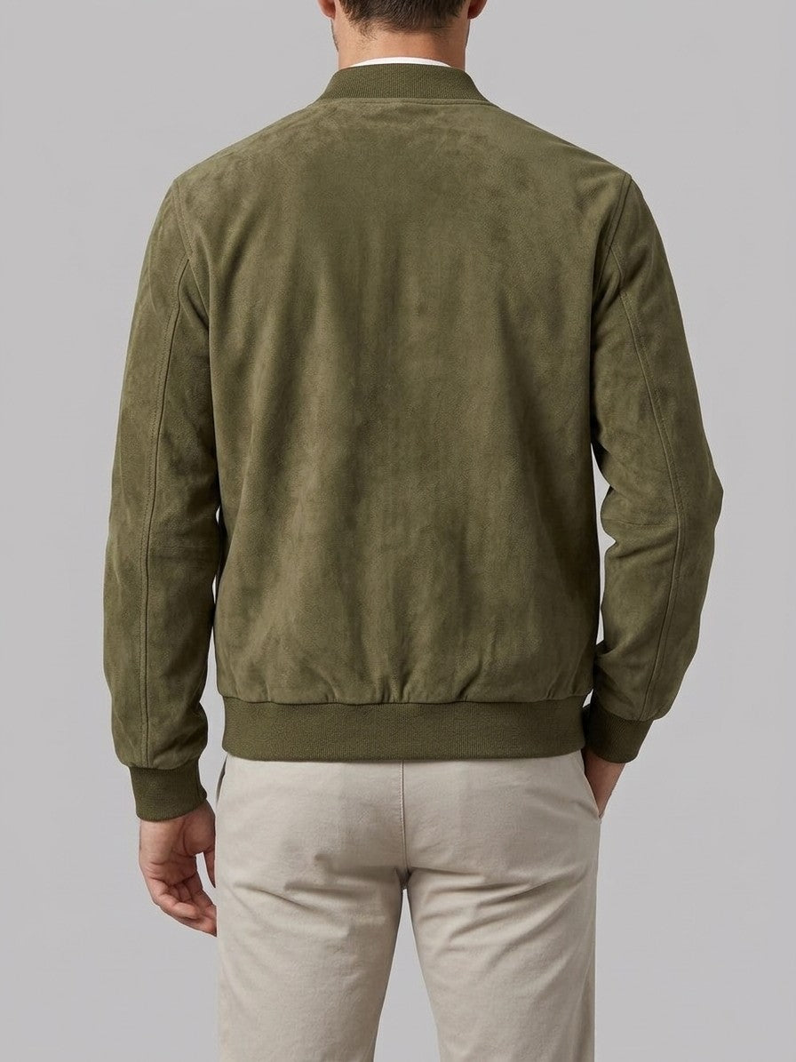 Ortona Men's Rib-Trim Genuine Suede Bomber Jacket — olive — back