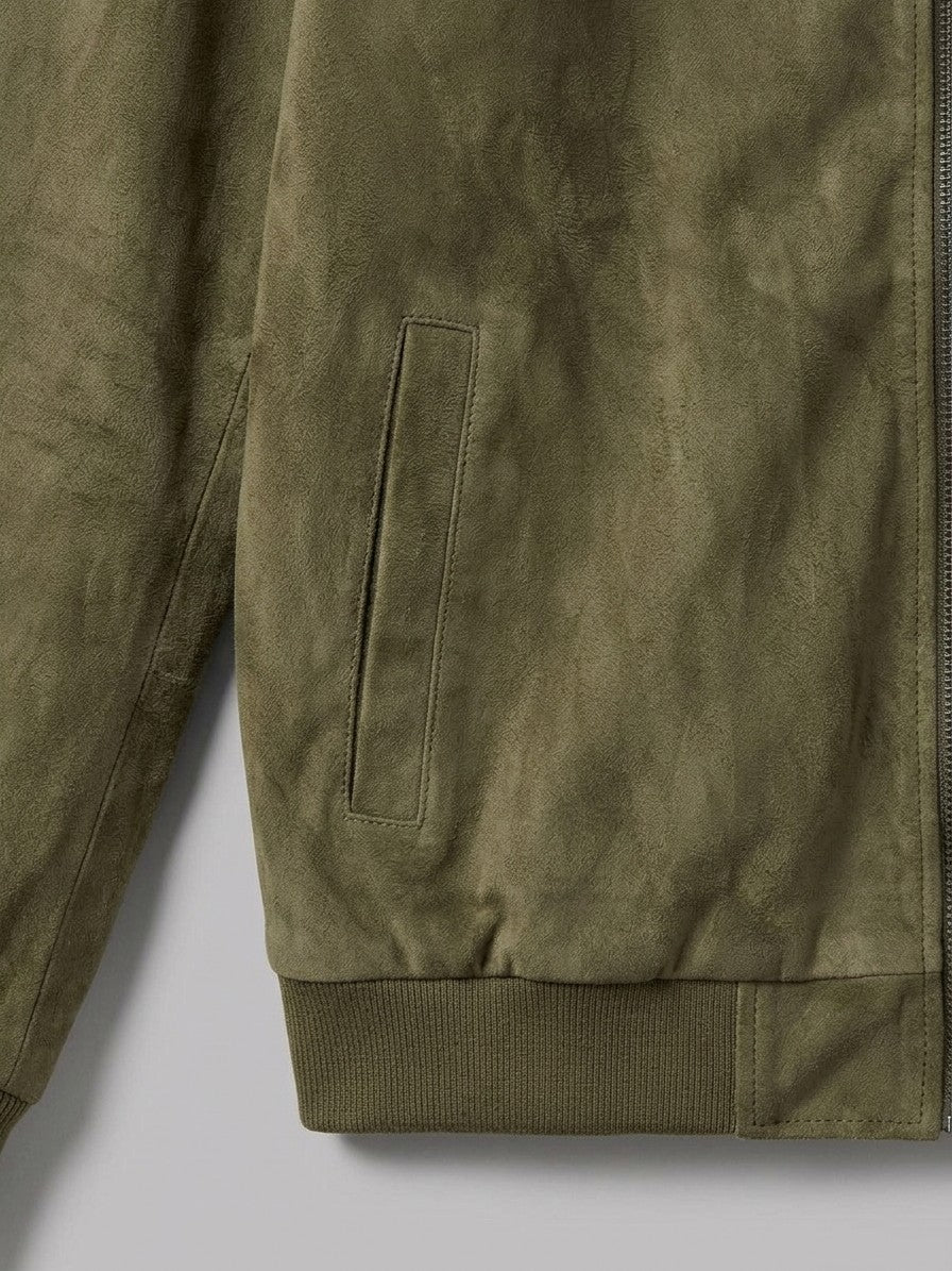 Ortona Men's Rib-Trim Genuine Suede Bomber Jacket — olive — detail-2