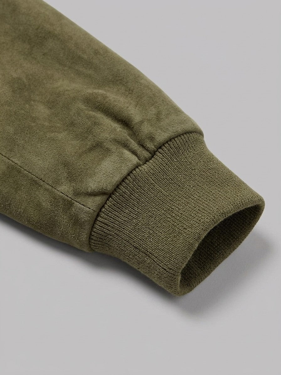 Ortona Men's Rib-Trim Genuine Suede Bomber Jacket — olive — detail-collar